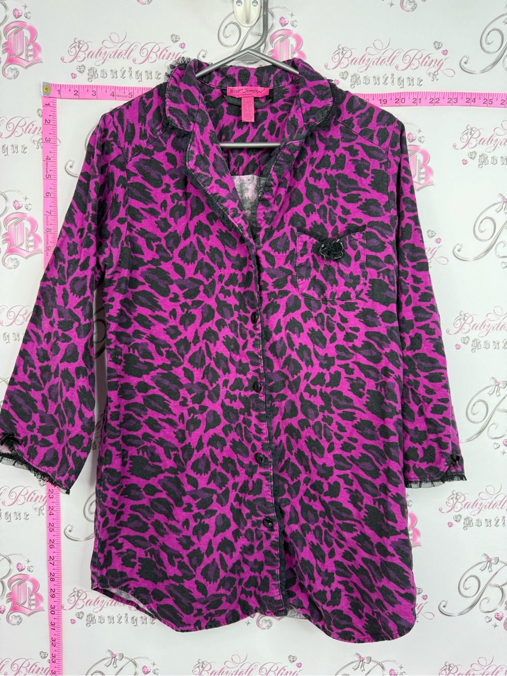Betsey Johnson shirt ruffle lace Purple Black Leopard Print Button-Up Blouse